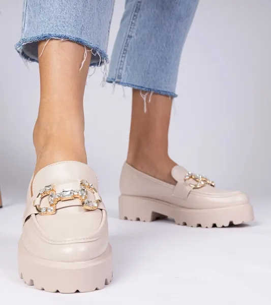 marka niezdefiniowana Beige elegant moccasins with rhinestones Zelda