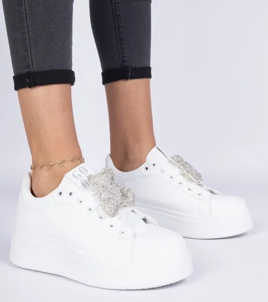 marka niezdefiniowana White women's sneakers decorated with a rhinestone teddy Karrot