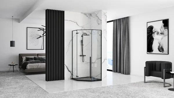 REA/S - Sprchovací kút DIAMOND 80x80 - čierna matná + sprchova vanička Diamond, biela KPL-06900