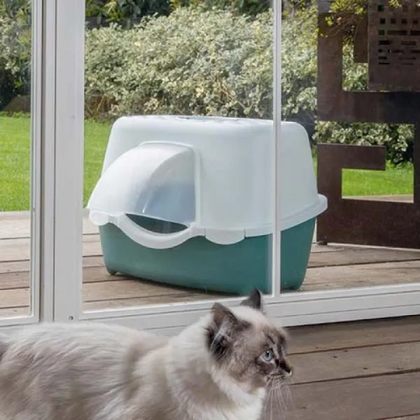 STEFANPLAST Chic Outdoor 56x54,5x39cm vonkajšia krytá mačacia toaleta s malou strechou na odtok vody biela/tmavo zelená