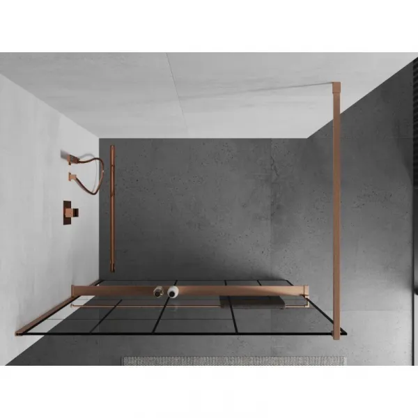 MEXEN/S - Kioto+ Sprchová zástena s poličkou WALK-IN 80 x 200, čierna vzor, meď kartáčovaná 800-080-121-65-78