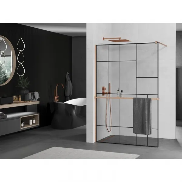 MEXEN/S - Kioto+ Sprchová zástena s poličkou WALK-IN 80 x 200, čierna vzor, meď kartáčovaná 800-080-121-65-78
