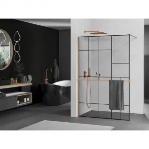 MEXEN/S - Kioto+ Sprchová zástena s poličkou WALK-IN 80 x 200, čierna vzor, meď kartáčovaná 800-080-121-65-78