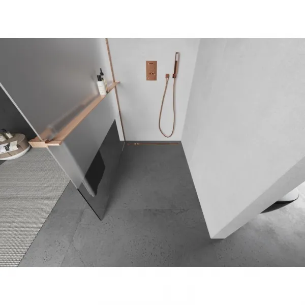 MEXEN/S - Kioto+ Sprchová zástena s poličkou WALK-IN 70 x 200, transparent/dekor, meď kartáčovaná 800-070-121-65-35