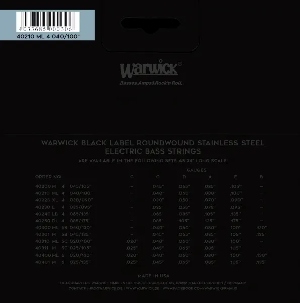 Warwick Black Label Stainless Steel 4 Medium Light .040-.100
