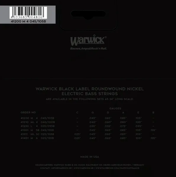 Warwick Black Label Nickel-Plated Steel 4 Medium .045-.105