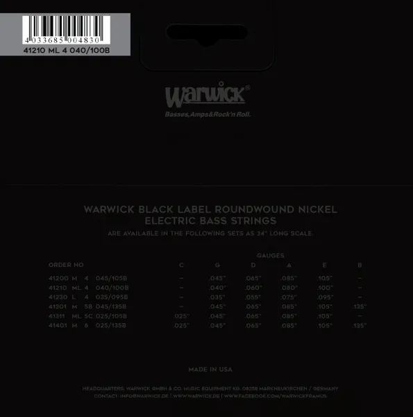 Warwick Black Label Nickel-Plated Steel 4 Medium Light .040-.100