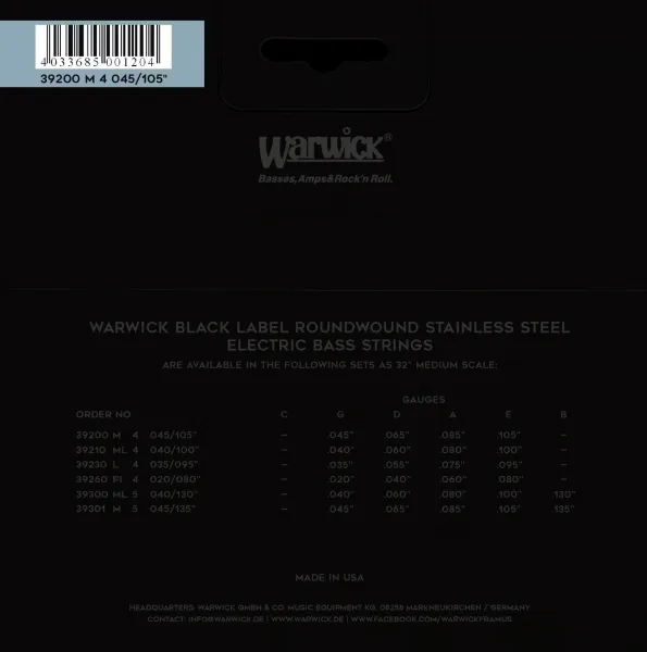 Warwick Black Label Stainless Steel 4 Medium .045-.105 Medium Scale