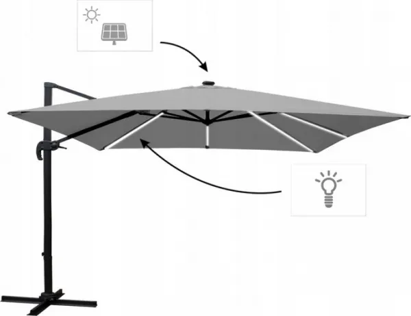 Garden Line Zahradní slunečník s ochranným obalem a LED osvětlením ROMA 300 x 400 cm šedý