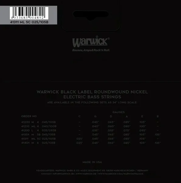 Warwick Black Label Nickel-Plated Steel 5 High C Medium .025-.105