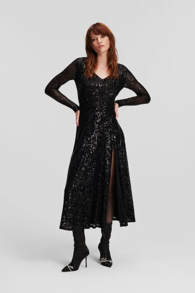 Šaty Karl Lagerfeld Sequin Maxi Evening Dress Black