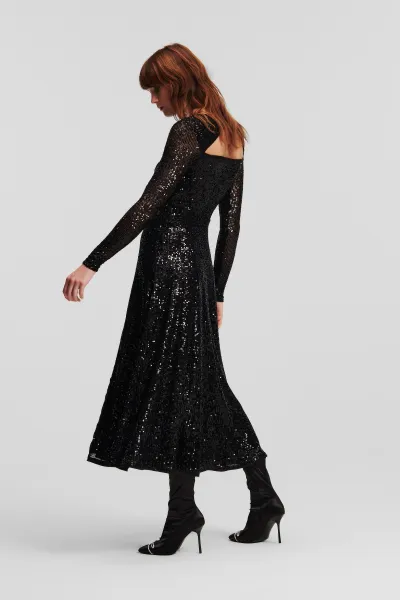 Šaty Karl Lagerfeld Sequin Maxi Evening Dress Black