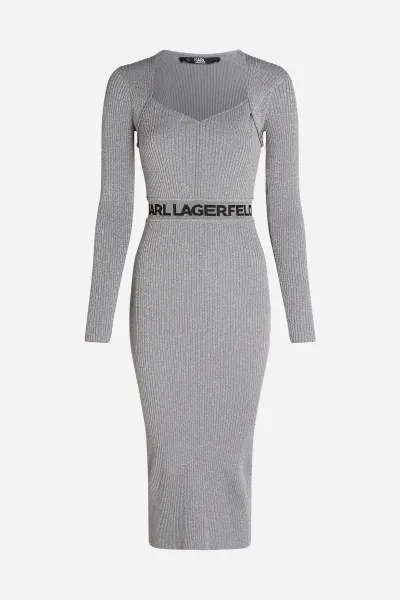 Šaty Karl Lagerfeld Lslv Lurex Logo Knit Dress Silver Lurex