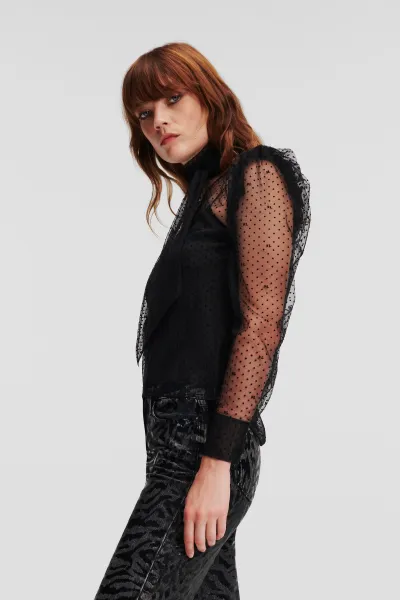 Blúzka Karl Lagerfeld Kl Mesh Ruffle Top Black