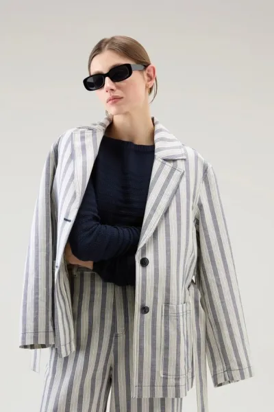 Sako Woolrich Marine Over Shirt Melton Blue Stripe