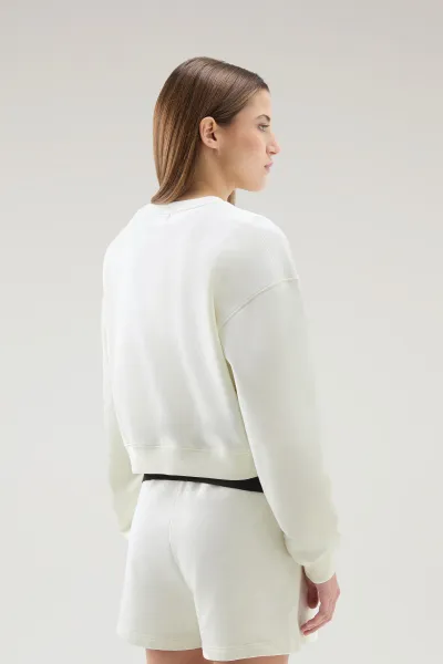 Mikina Woolrich Cotton Fleece Logo Crewneck Plaster White