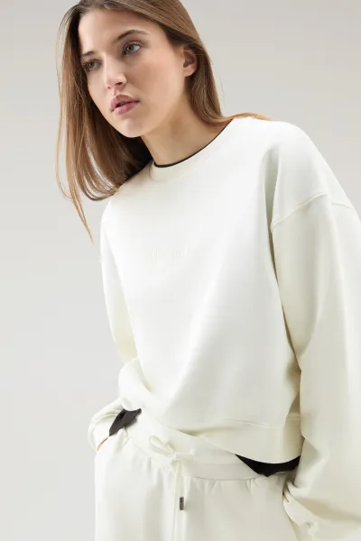 Mikina Woolrich Cotton Fleece Logo Crewneck Plaster White
