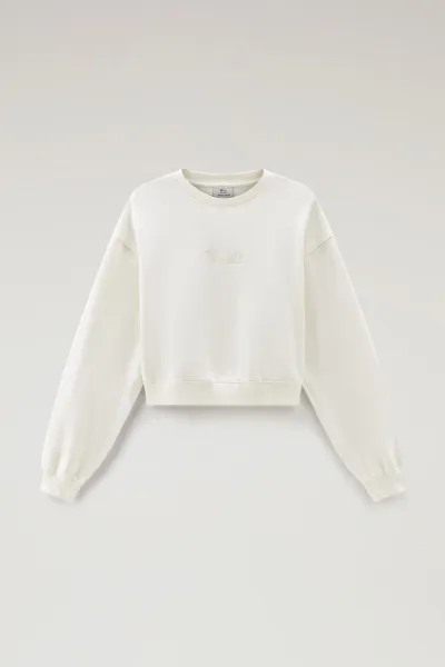 Mikina Woolrich Cotton Fleece Logo Crewneck Plaster White