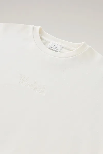 Mikina Woolrich Cotton Fleece Logo Crewneck Plaster White