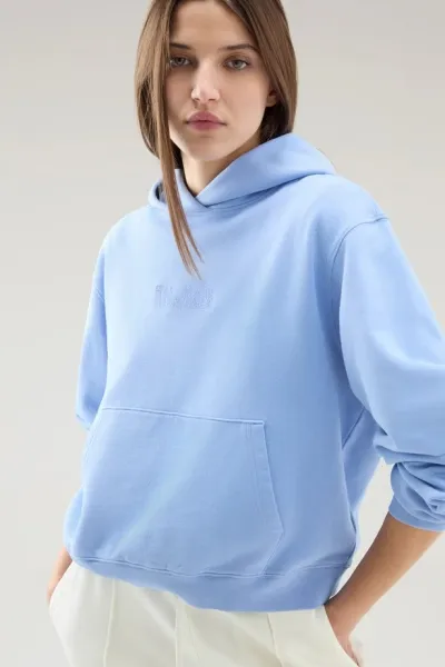 Mikina Woolrich Cotton Fleece Logo Hoodie Sea Breeze
