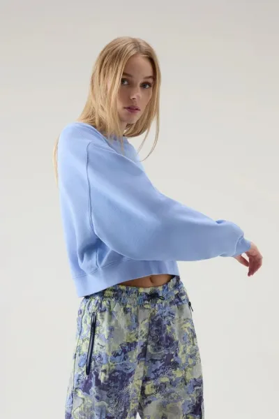 Mikina Woolrich Cotton Fleece Logo Crewneck Sea Breeze