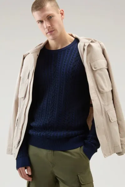 Sveter Woolrich Vanise Cable Crewneck Melton Blue Bicolor