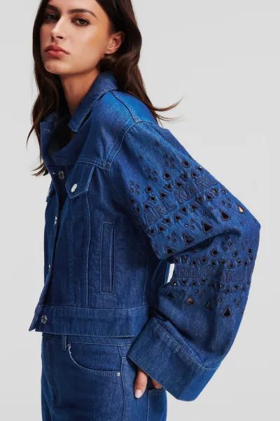 Bunda Karl Lagerfeld Embroidered Denim Jacket Mid Blue Denim