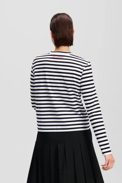 Tričko Karl Lagerfeld Ikon Print Stripe Lslv Top Black-Cannoli Cream Stripe
