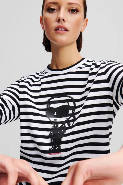 Tričko Karl Lagerfeld Ikon Print Stripe Lslv Top Black-Cannoli Cream Stripe
