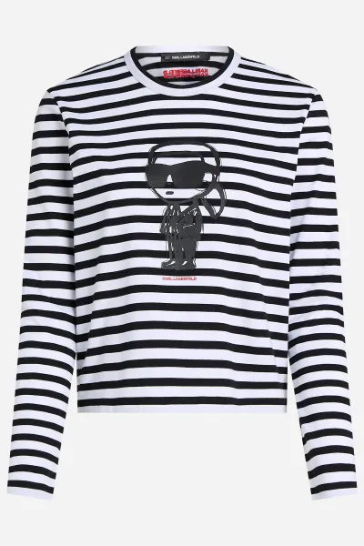 Tričko Karl Lagerfeld Ikon Print Stripe Lslv Top Black-Cannoli Cream Stripe