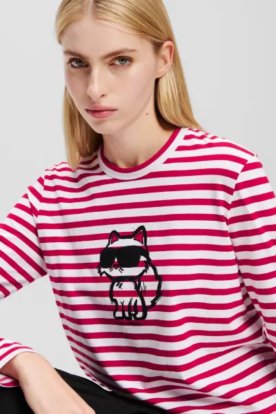 Tričko Karl Lagerfeld Ikon Print Stripe Lslv Top Scarlet Sage-Cream Stripe