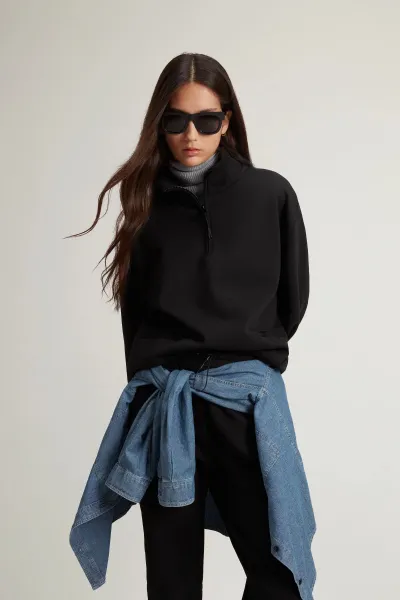 Mikina Woolrich Interlock Fleece Half Zip Black