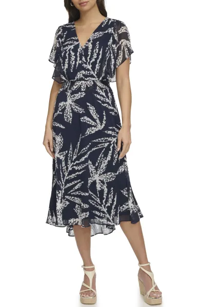 Šaty Dkny V-Neck Flutter Sleev Navy/Ivory