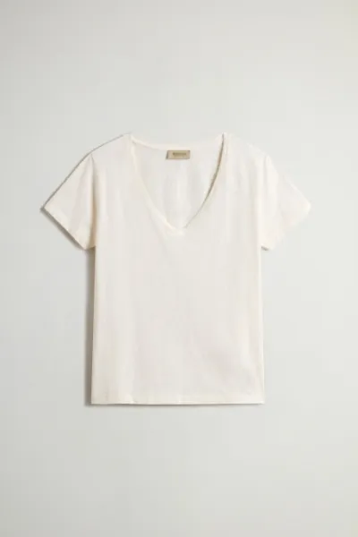 Tričko Woolrich Slub Cotton V-Neck Jet Stream