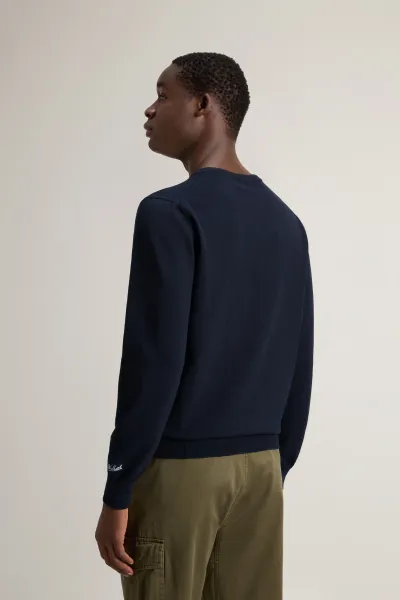 Sveter Woolrich Logo Cotton Crewneck Melton Blue