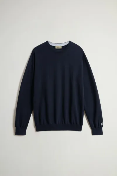Sveter Woolrich Logo Cotton Crewneck Melton Blue