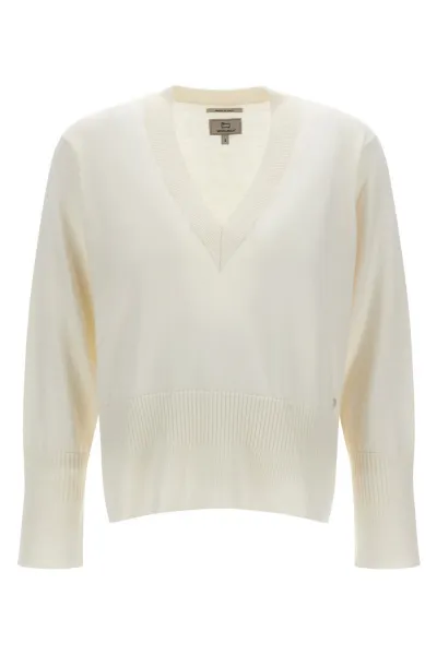 Sveter Woolrich Cotton Cashmere V-Neck Plaster White