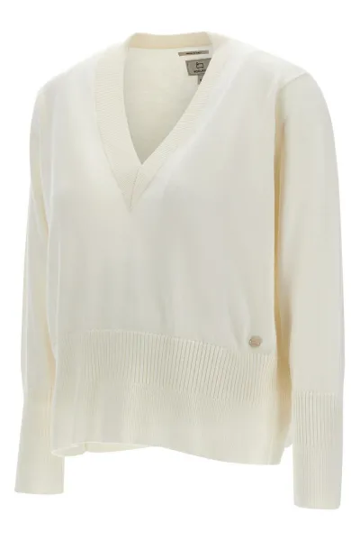 Sveter Woolrich Cotton Cashmere V-Neck Plaster White