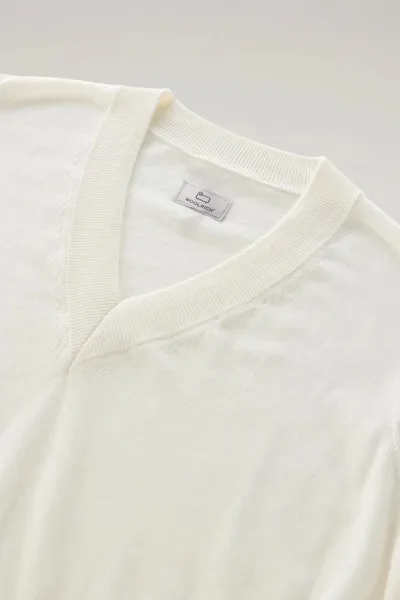 Sveter Woolrich Cotton Cashmere V-Neck Plaster White