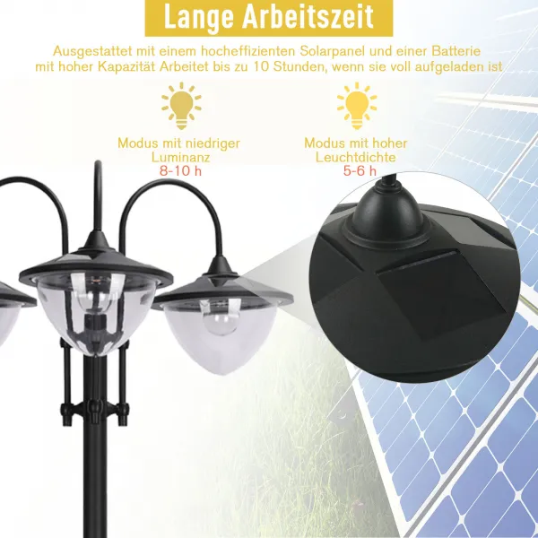 OUTSUNNY Solárna záhradná lampa s 3 hlavami a podstavcom na kvetináč, vodotesná, nerezová oceľ, 60x55x189cm| Aosom