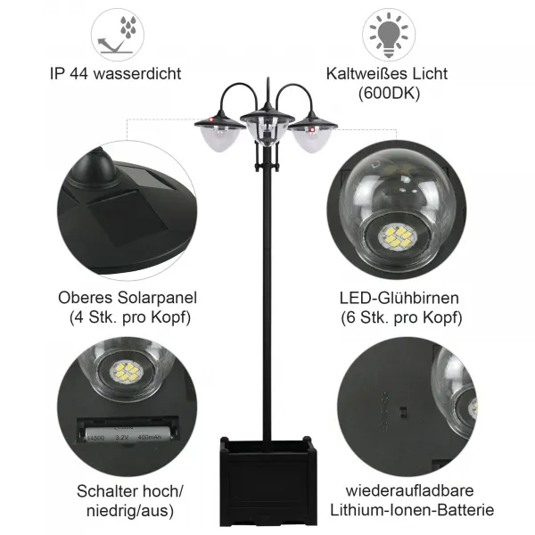 OUTSUNNY Solárna záhradná lampa s 3 hlavami a podstavcom na kvetináč, vodotesná, nerezová oceľ, 60x55x189cm| Aosom