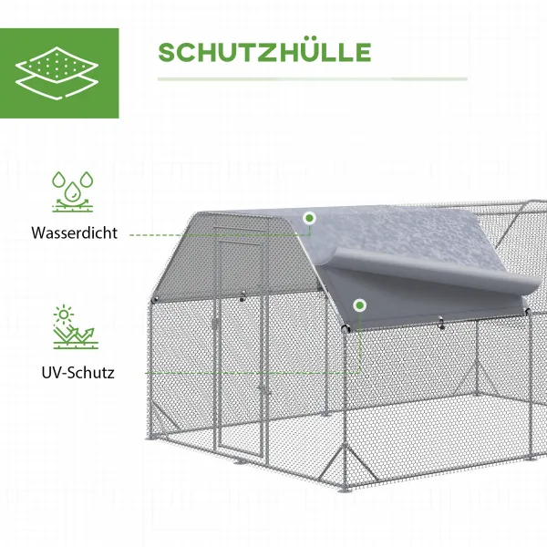 PAWHUT Kovový výbeh pre sliepky XL so strechou pre 10-12 sliepok 380 x 195 x 280 cm