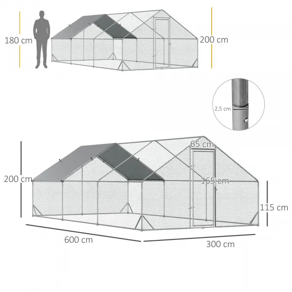 PAWHUT Kovový kurník XXL so strechou pre 12-18 sliepok 600 x 200 x 300 cm