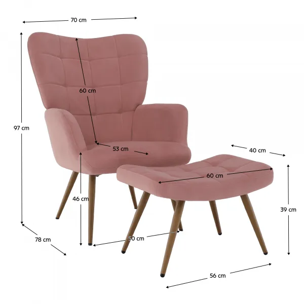 Kreslo s podnožou, ružová Velvet látka/dub, HABEN