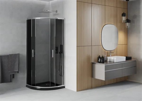 MEXEN/S - Rio štvrťkruhový sprchovací kút 80 x 80, grafit, chróm + vanička so sifónom Flat, čierny 863-080-080-01-40-4170