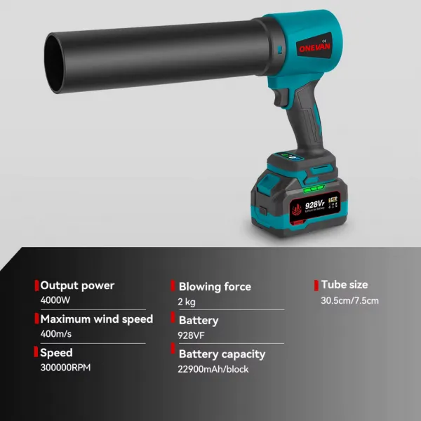 SUPER ULTRA VÝKONNÝ TURBO FÉN sušič karosérie, ofukovač snehu OneVan 4000W 400M/S 2 x batéria 928Vf. Náradie je vhodné pre batériu MAKITA 18V Batéria: Bez batéria