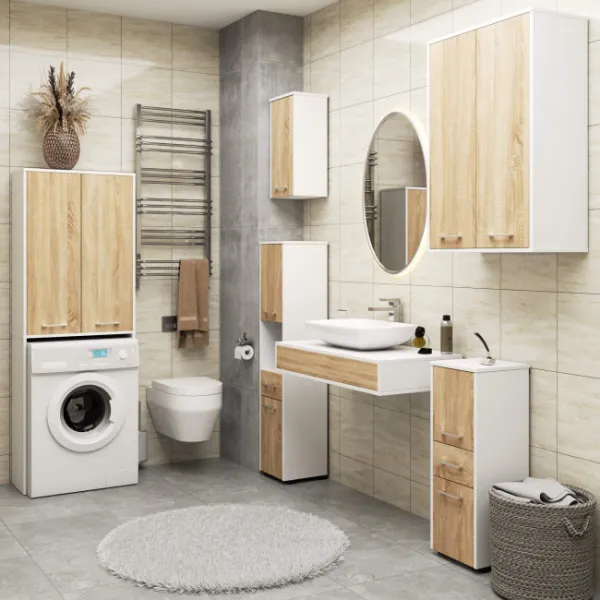 Ak furniture Závěsná koupelnová skříňka Fin W64 2D 64 cm bílá/dub sonoma