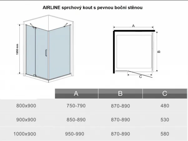 H K - Obdĺžnikový sprchovací kút AIRLINE 90x80 cm s jednokrídlovými dverami s pevnou stenou vrátane sprchovej vaničky z liateho mramoru SE-AIRLINE9080 / THOR-9080