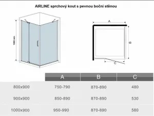 H K - Obdĺžnikový sprchovací kút AIRLINE 90x80 cm s jednokrídlovými dverami s pevnou stenou vrátane sprchovej vaničky z liateho mramoru SE-AIRLINE9080 / THOR-9080