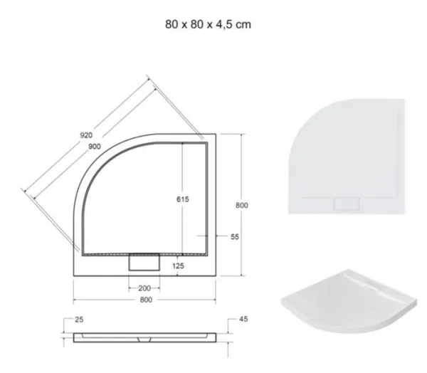 BESCO - Štvrťkruhová sprchová vanička AXIM - STONE EFFECT - Farba - Stone efect, Rozmer B - 80 cm, Rozmer C - 80 cm VANKAXIM80SR55